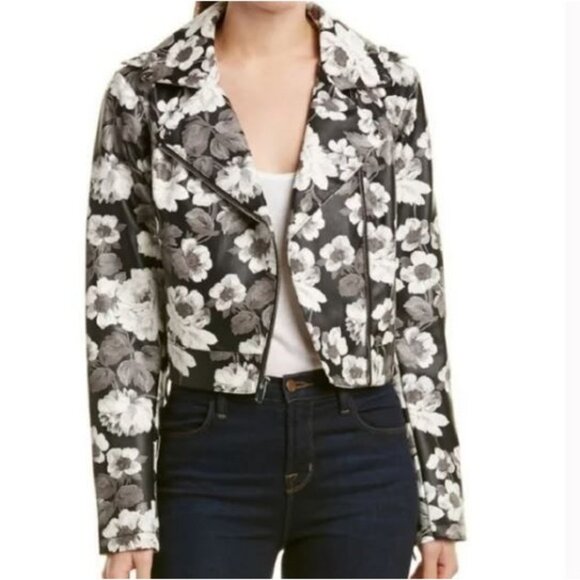 Sam Edelman Moto Jacket Floral Print Vegan Leather Gray Black White Size M 1823 - Picture 1 of 13